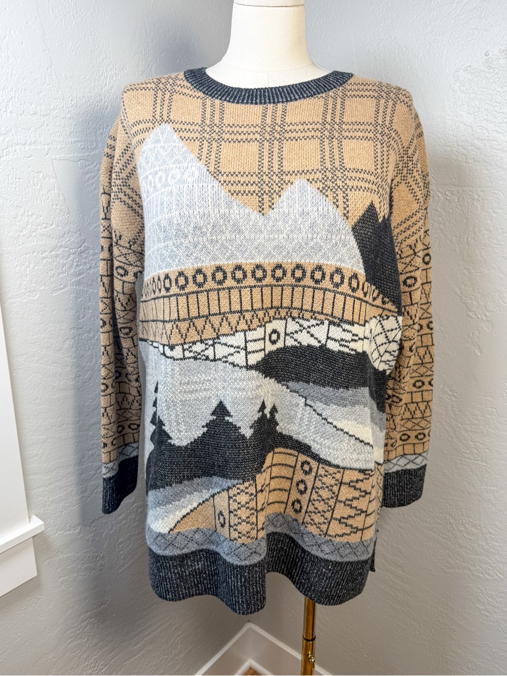 Woolrich Mountain Wool Scenic Sweater Tan Gray Cabin Lodge Knit Size XL